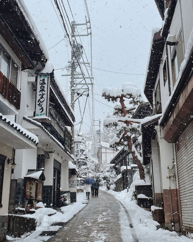 Snow-covered streets of Nozawa Onsen village